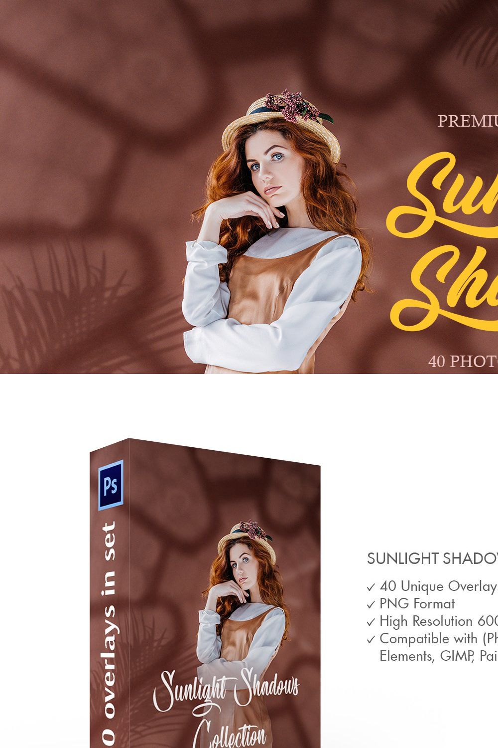 Sunlight Shadows Photoshop Overlays pinterest preview image.