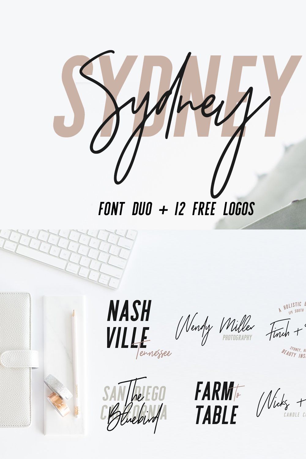 Sydney | Font Duo + 12 Free Logos pinterest preview image.