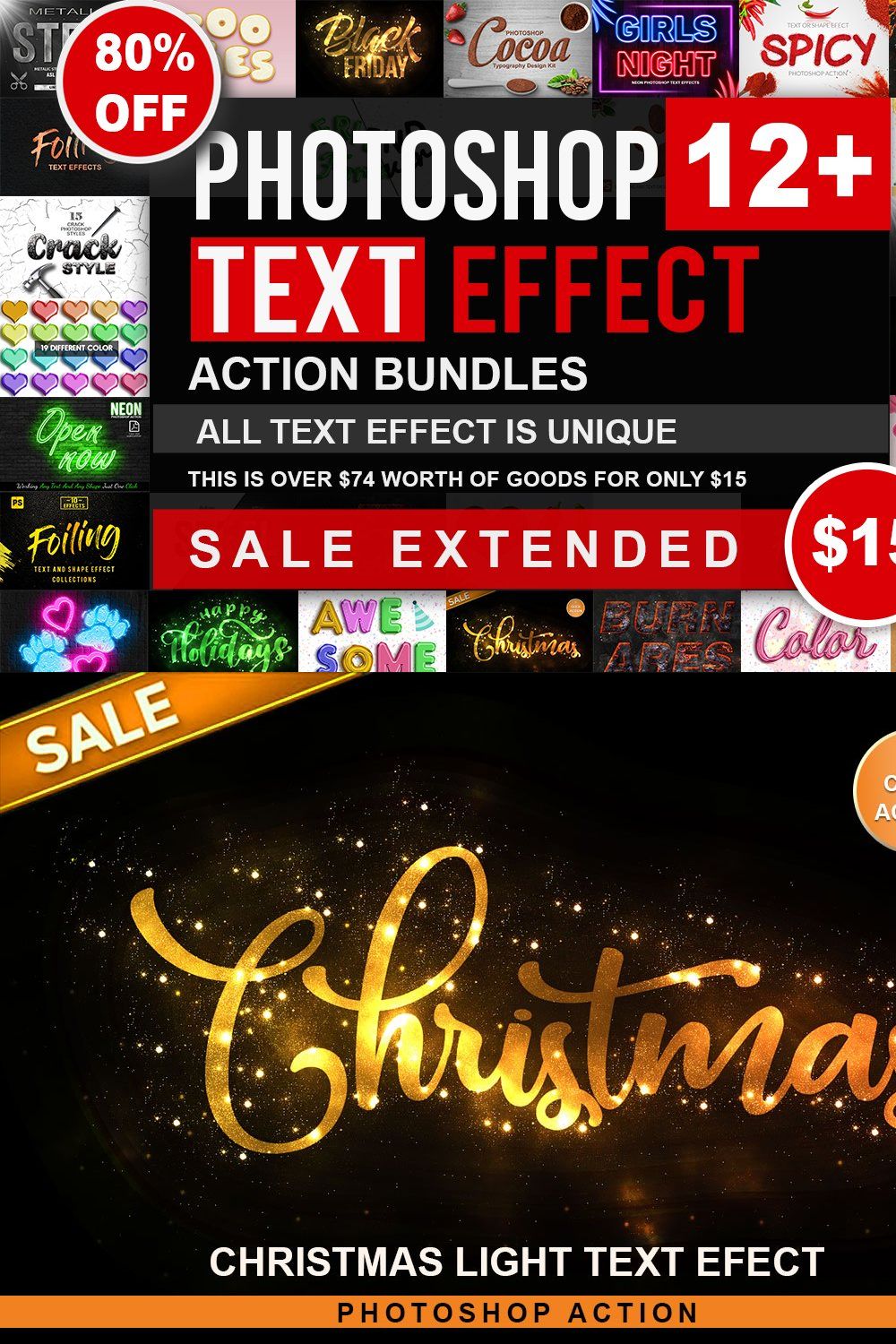 Text Effect Photoshop Action Bundle pinterest preview image.
