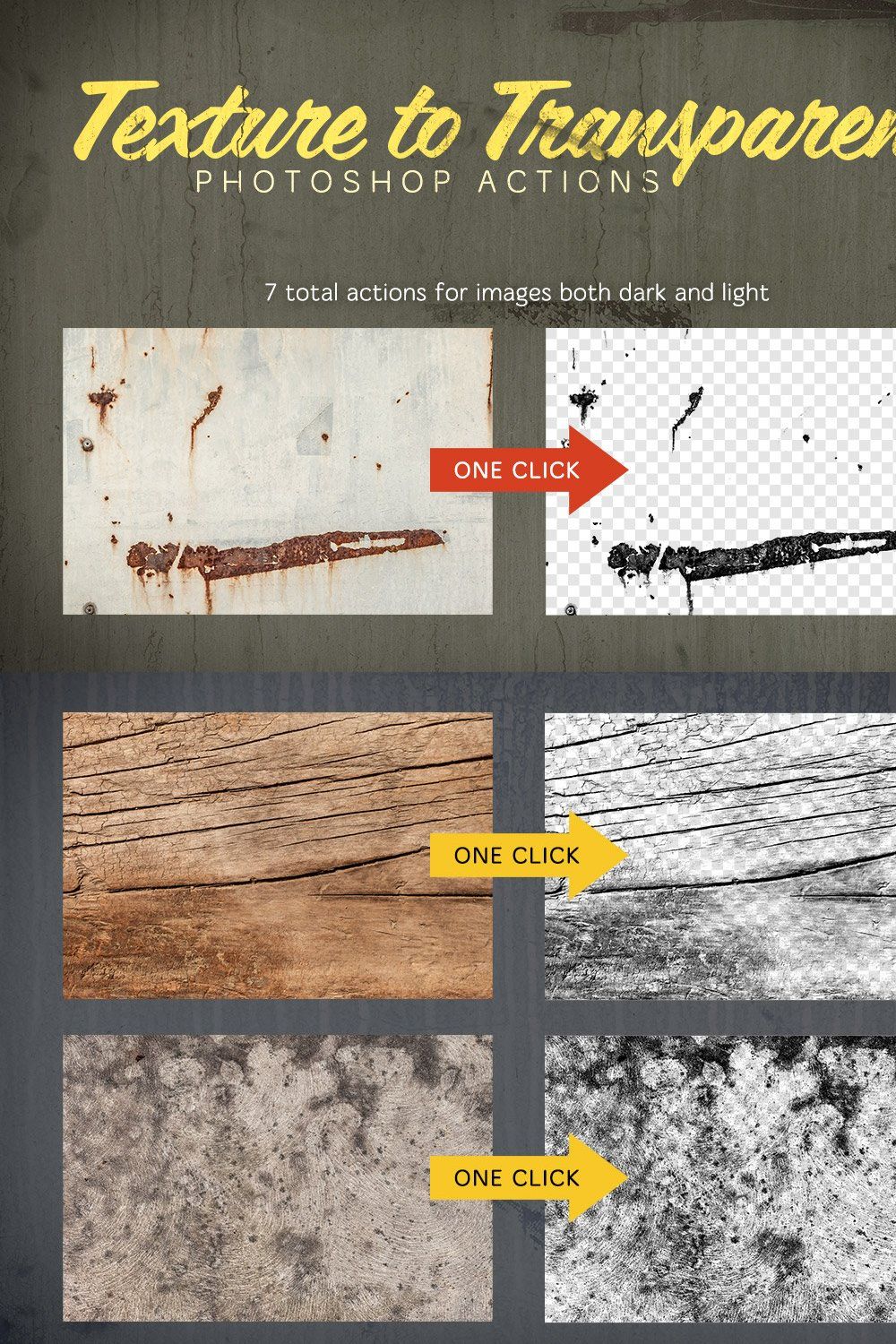 Texture to Transparent Action Pack pinterest preview image.