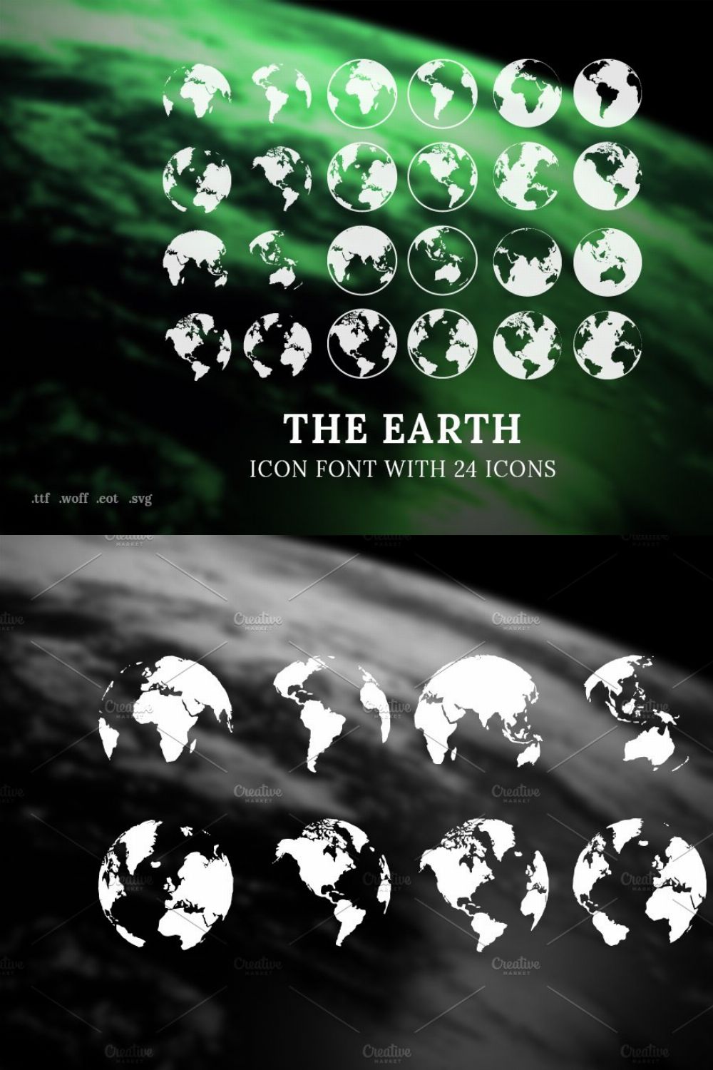 The Earth - Icon font with 24 icons pinterest preview image.