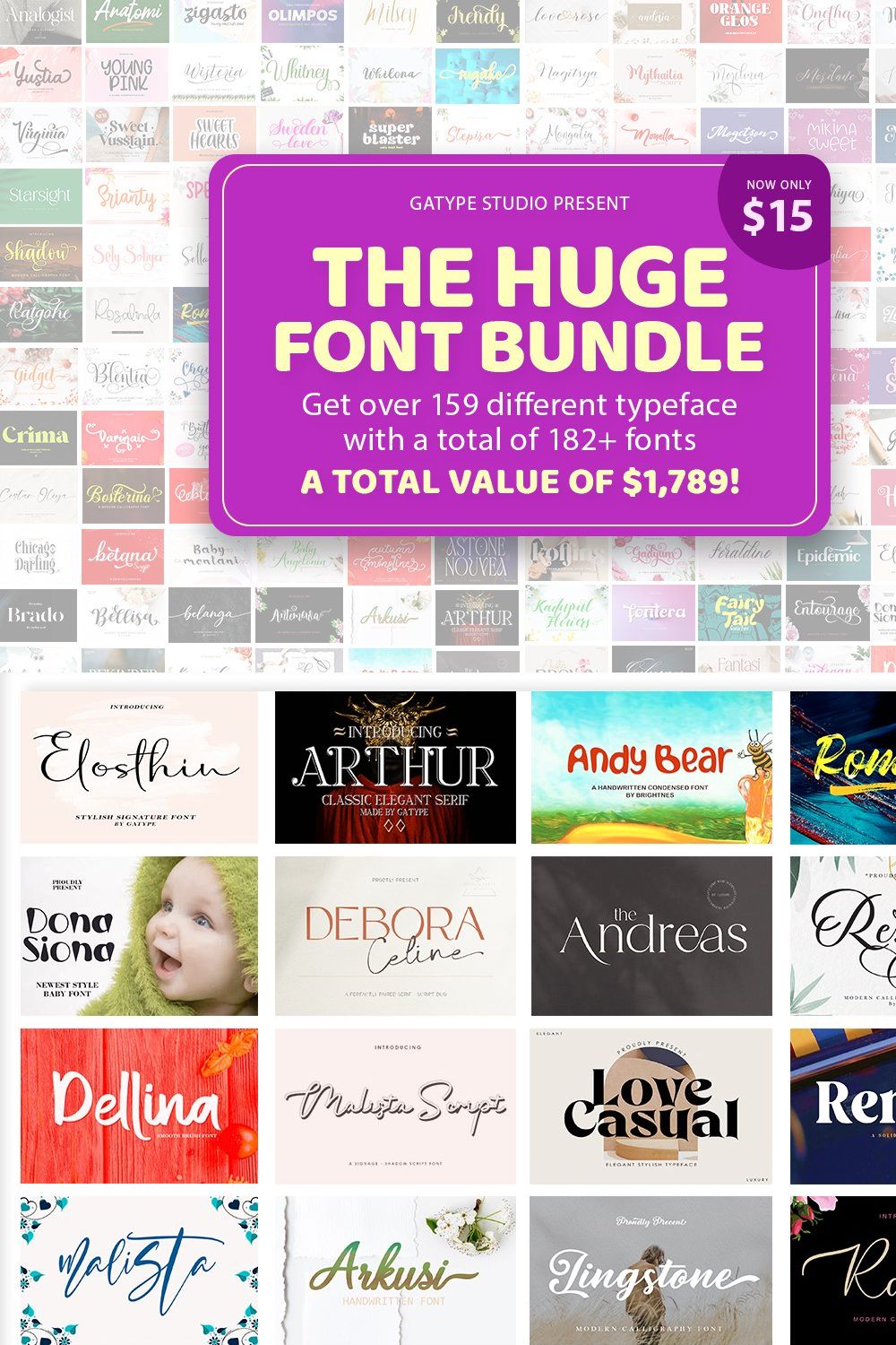The Huge Font Bundle pinterest preview image.