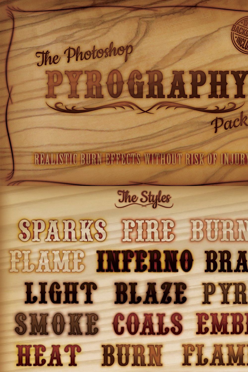 The Photoshop Pyrography Pack pinterest preview image.