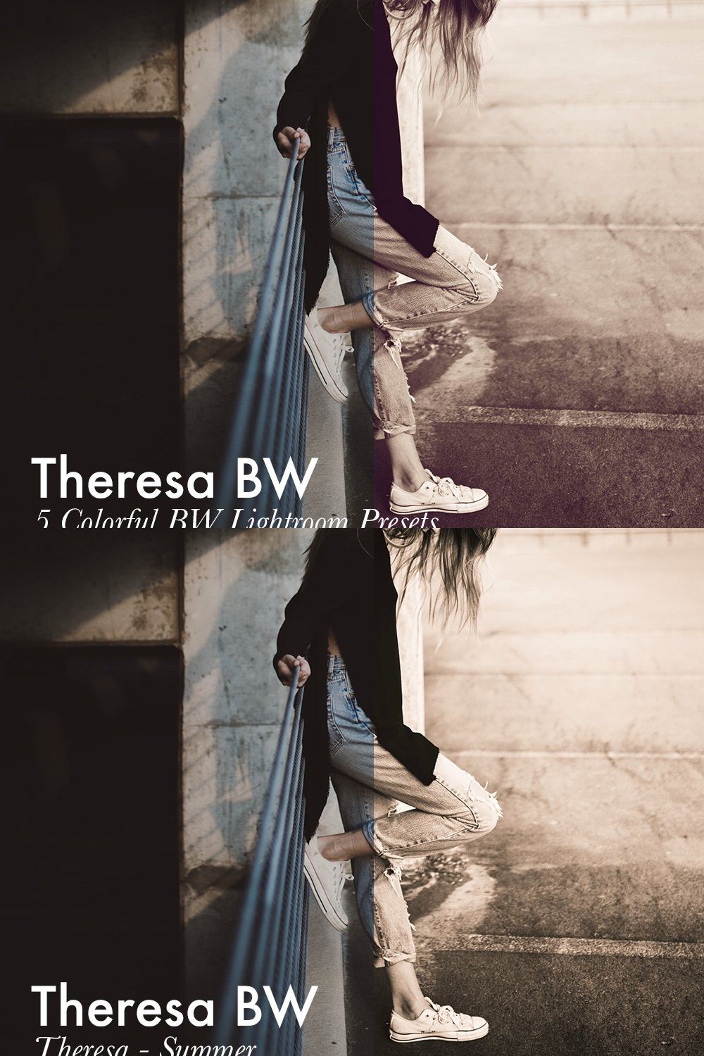 Theresa - 5 Colorful BW LR Presets pinterest preview image.