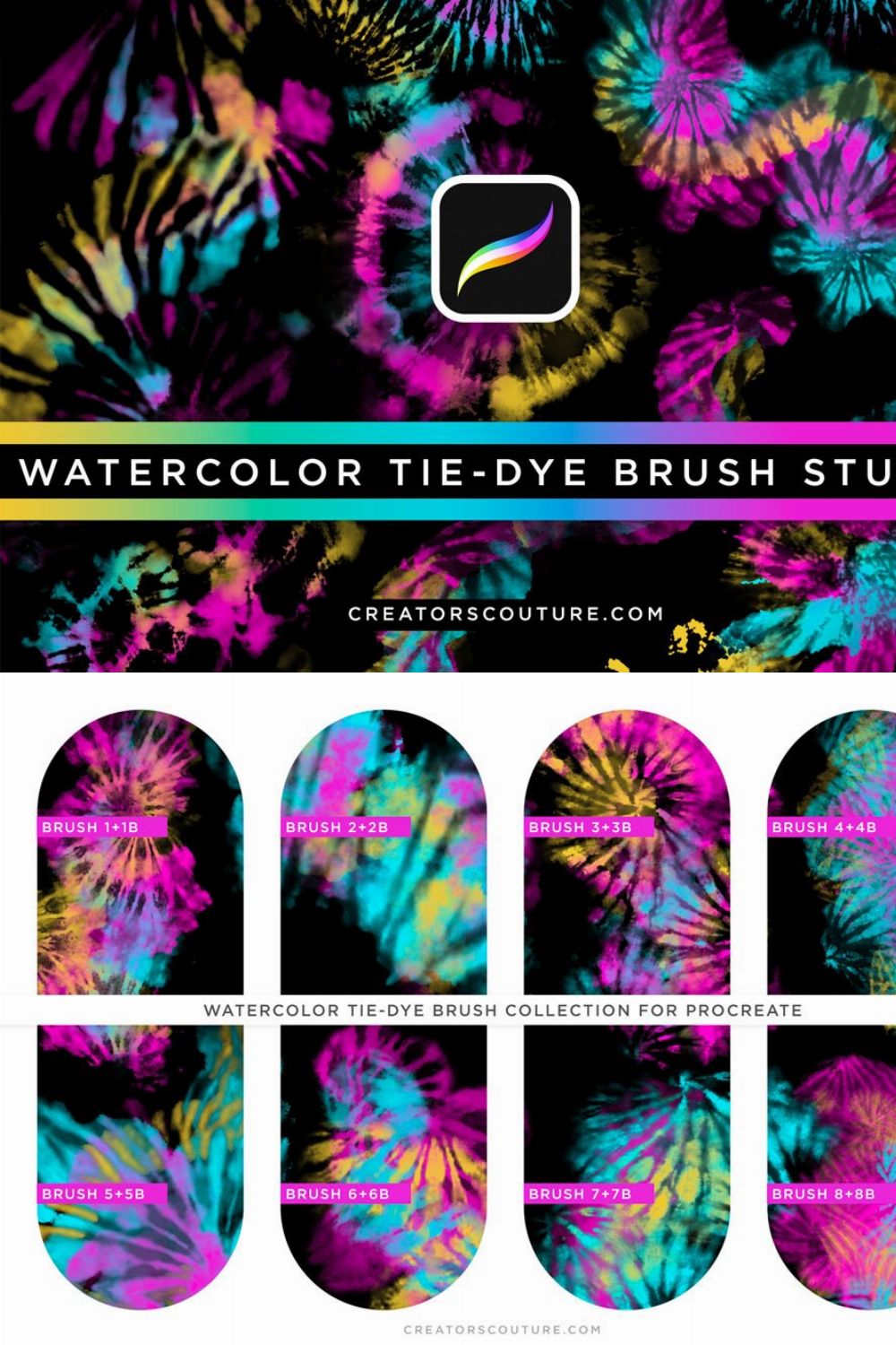 Tie-Dye Procreate Watercolor Brushes pinterest preview image.