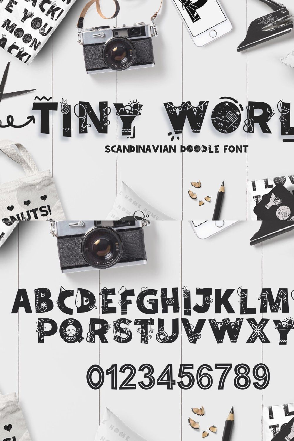 Tiny World! Scandinavian Doodle Font pinterest preview image.