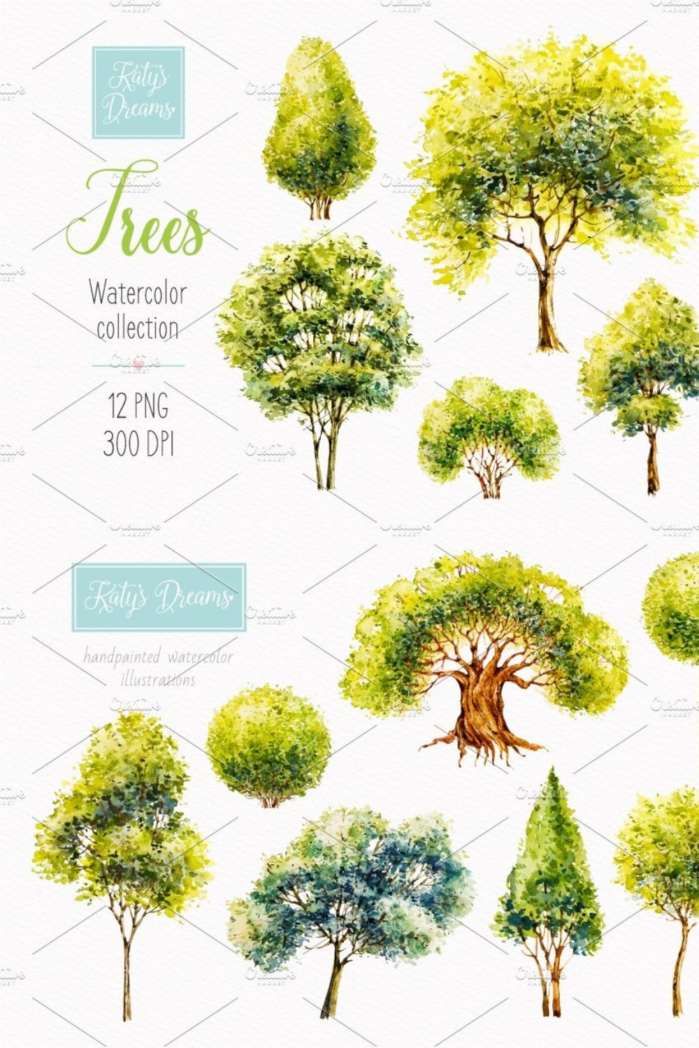 Trees. Watercolor pinterest preview image.