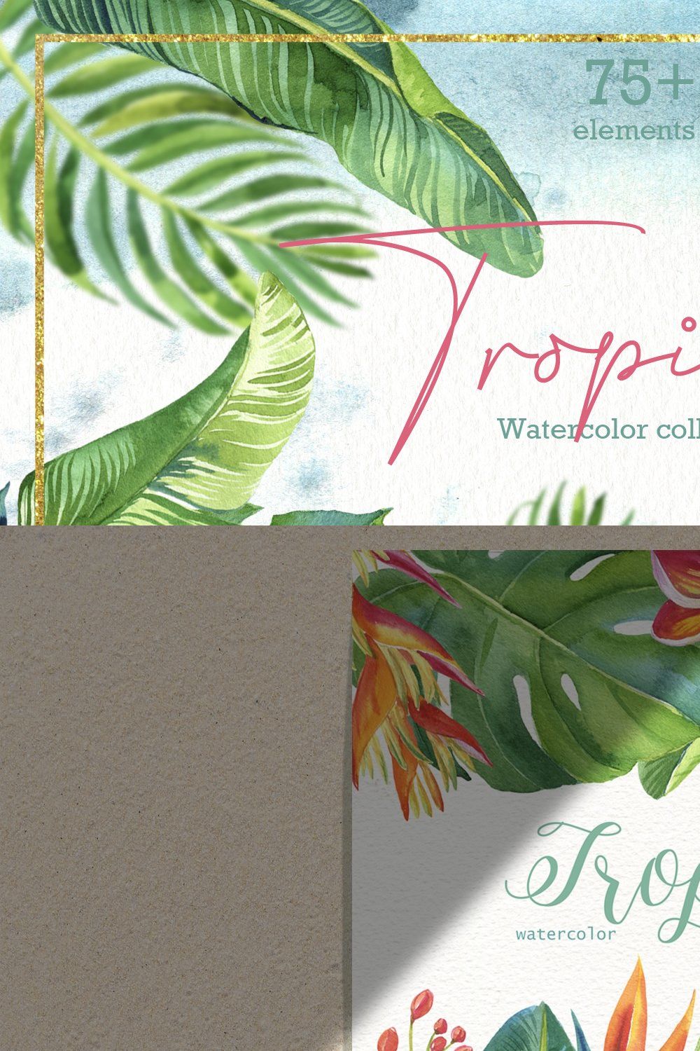 Tropic leaves&flowers Watercolor set pinterest preview image.