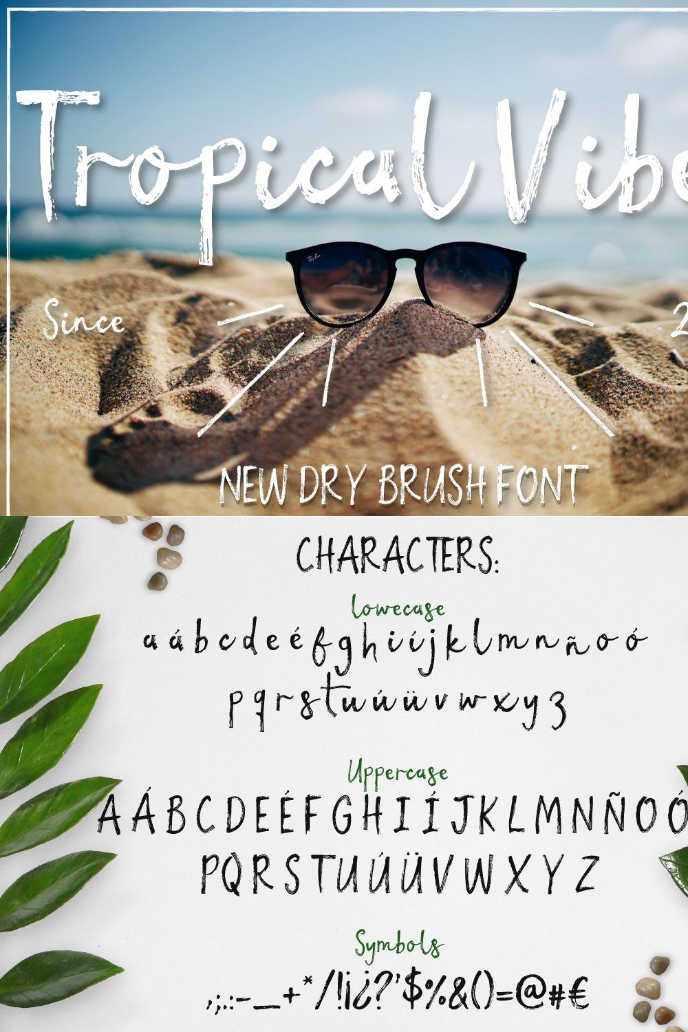 Tropical vibes - Dry brush font pinterest preview image.