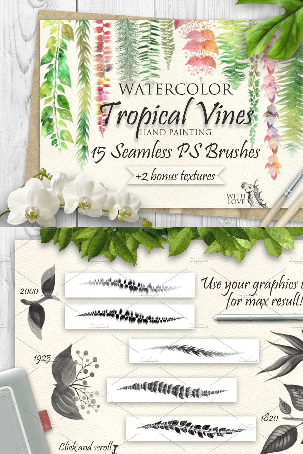 Tropical Vines Seamless PS Brushes pinterest preview image.