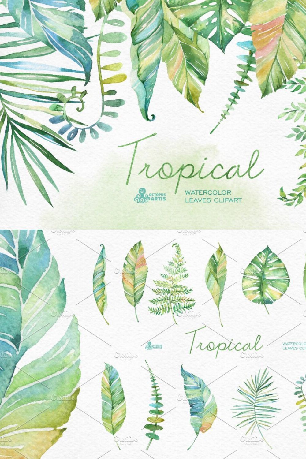 Tropical watercolor leaves pinterest preview image.