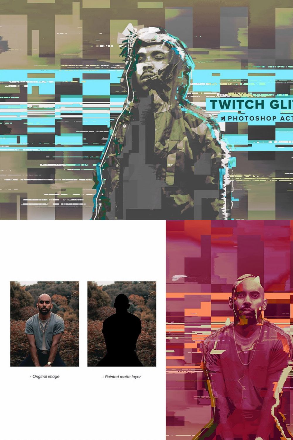 Twitch Glitch Photoshop Action pinterest preview image.