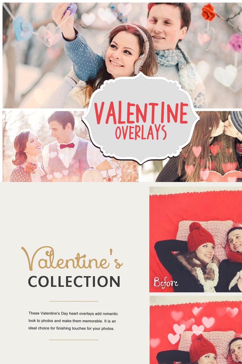 Valentine's Day Photoshop Overlays pinterest preview image.