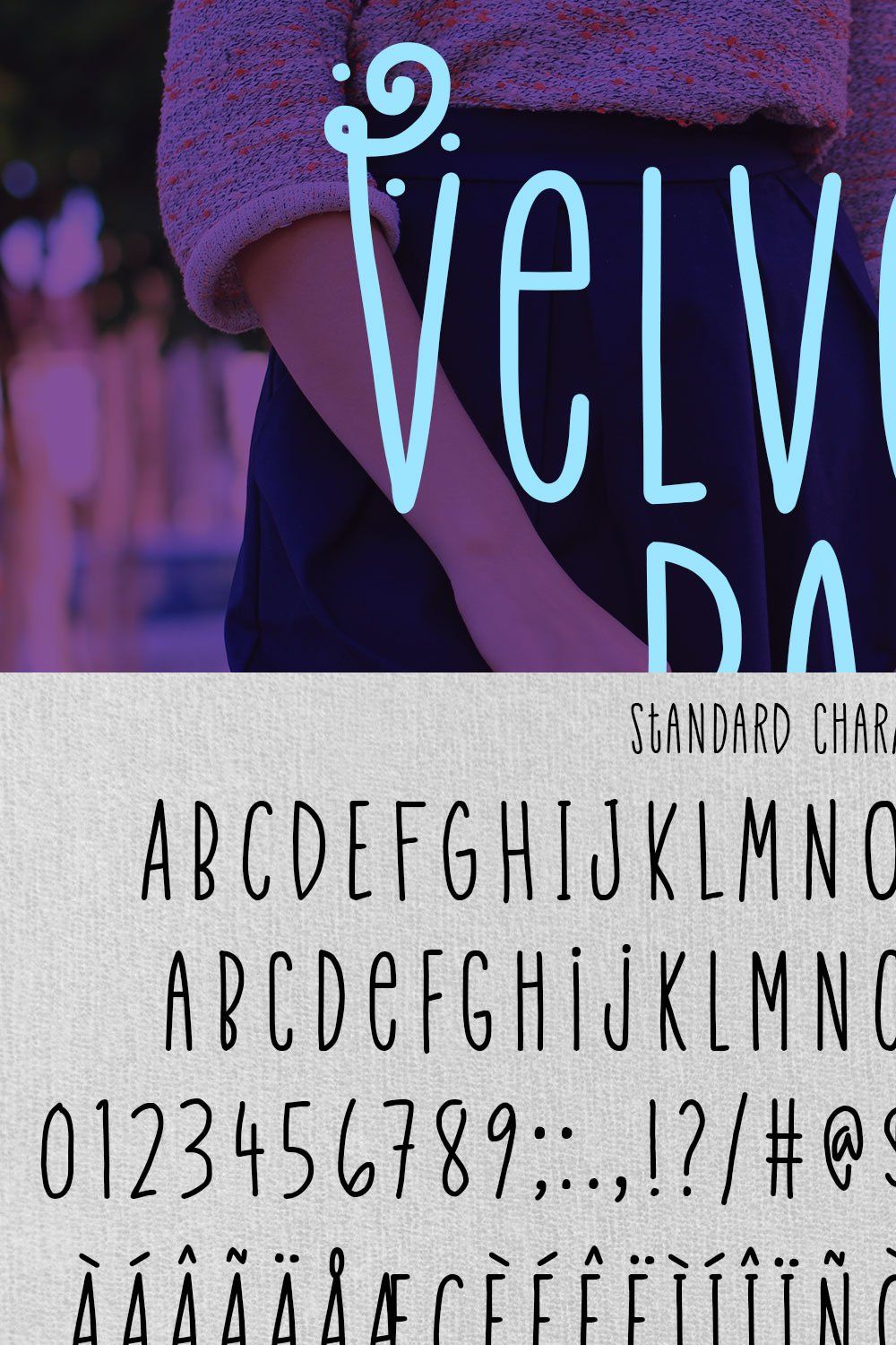 Velvet Pants: tall, narrow caps font pinterest preview image.