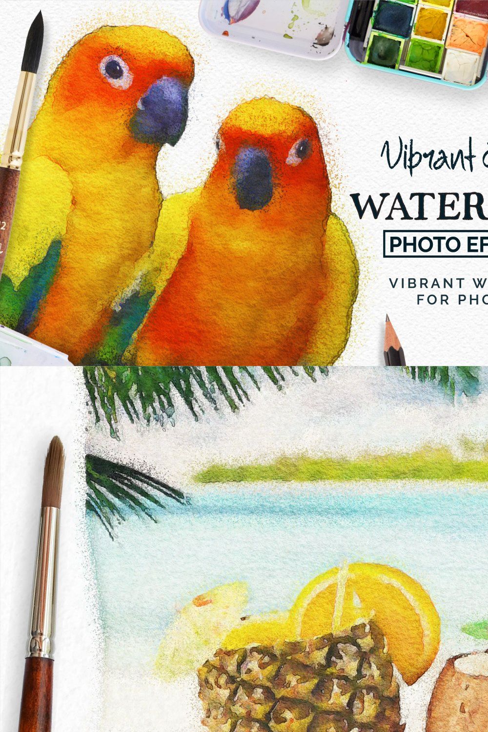 Vibrant Watercolor Photo Effect Kit pinterest preview image.