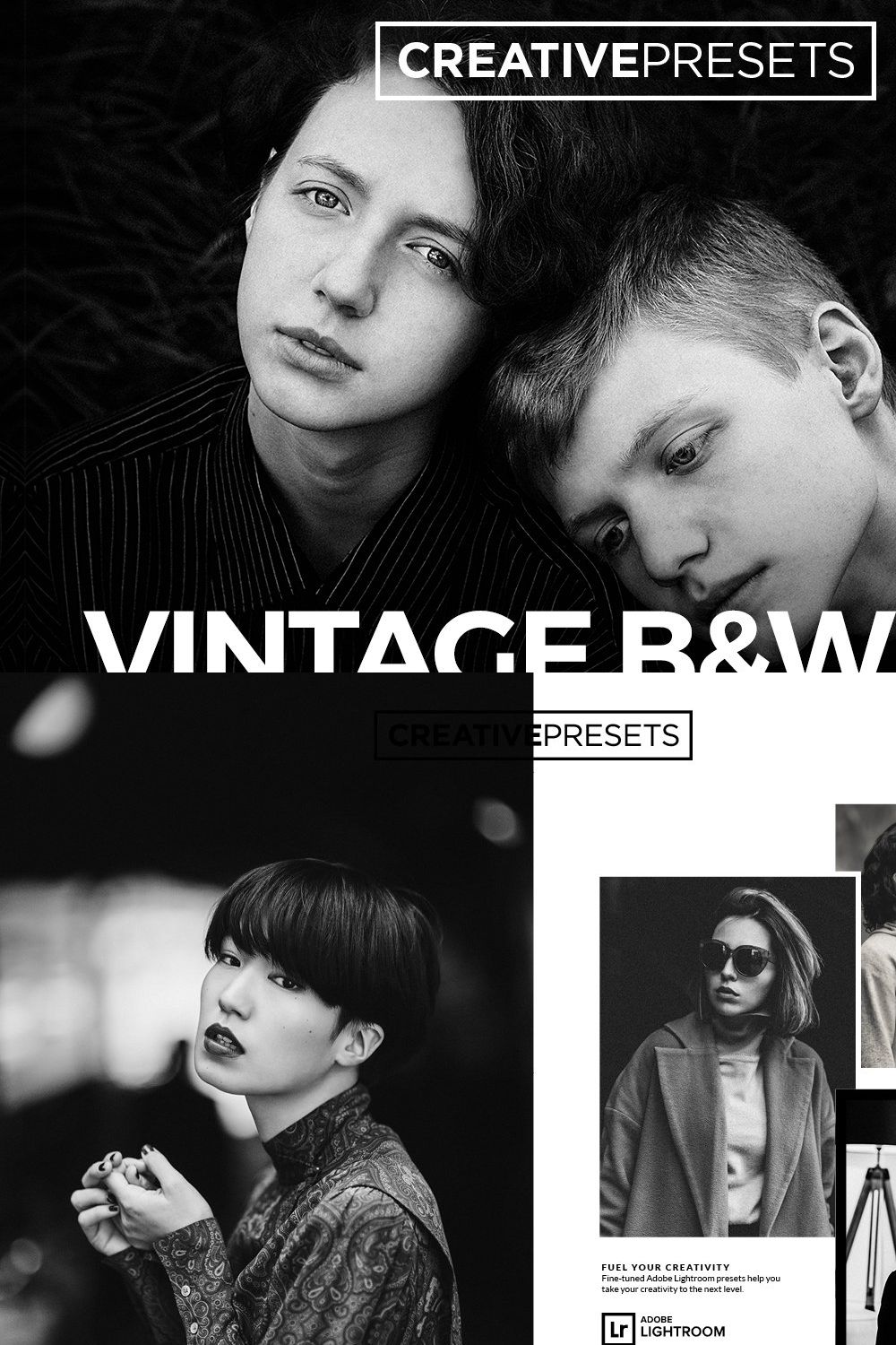 Vintage B&W Film Lightroom Presets pinterest preview image.