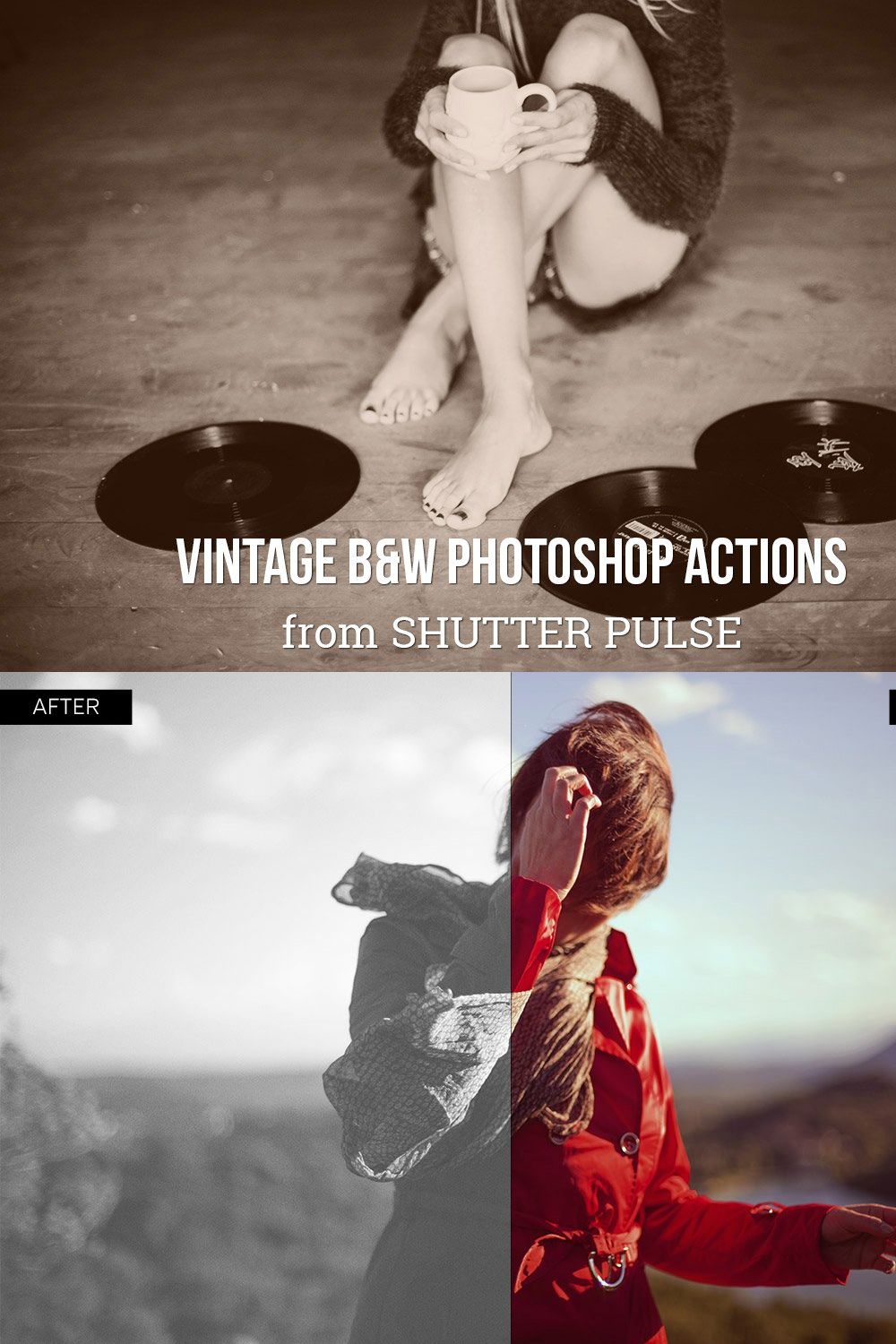 Vintage B&W Photoshop Actions pinterest preview image.
