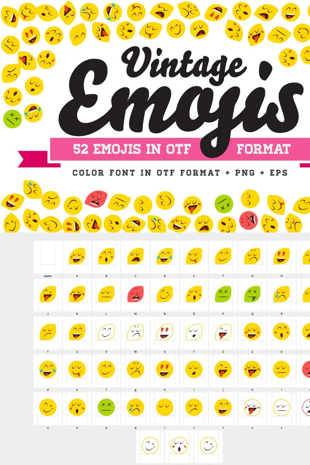 Vintage Emojis OTF Color Font pinterest preview image.
