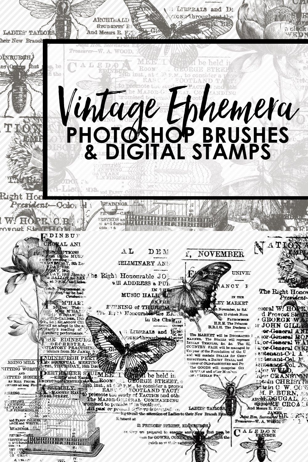 Vintage Ephemera PS Brushes & Stamps pinterest preview image.