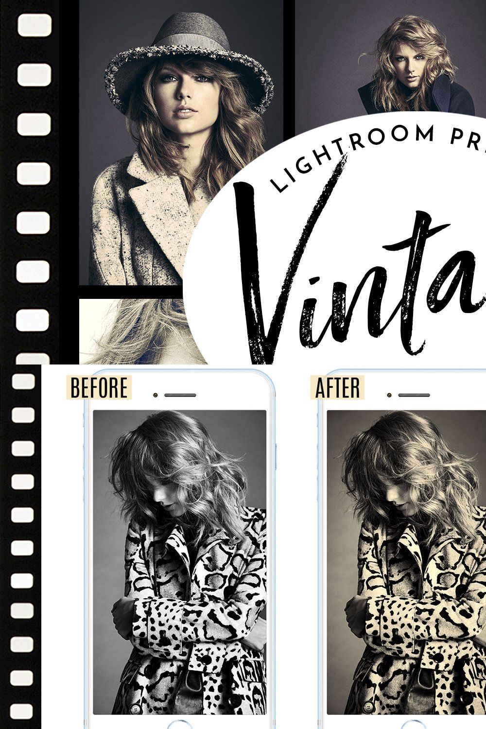 Vintage look Lightroom presets pinterest preview image.