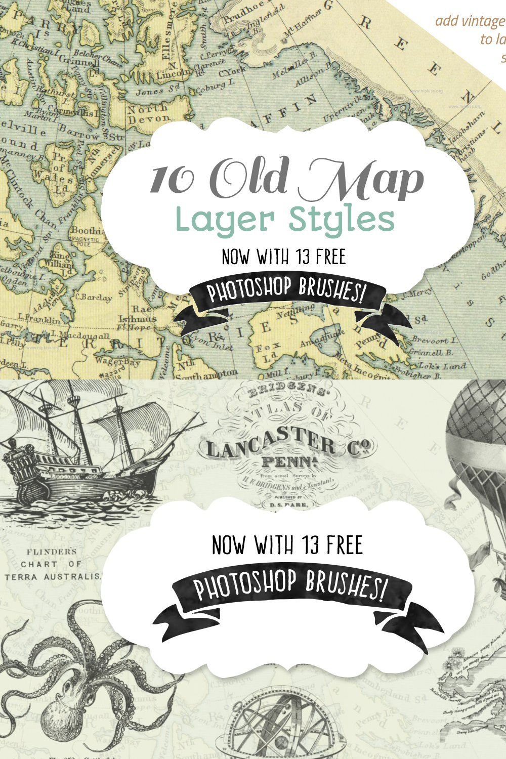 Vintage Map Styles + bonus brushes pinterest preview image.