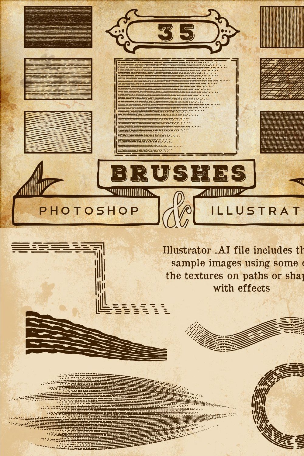 Vintage Print Texture Brushes PS/AI pinterest preview image.