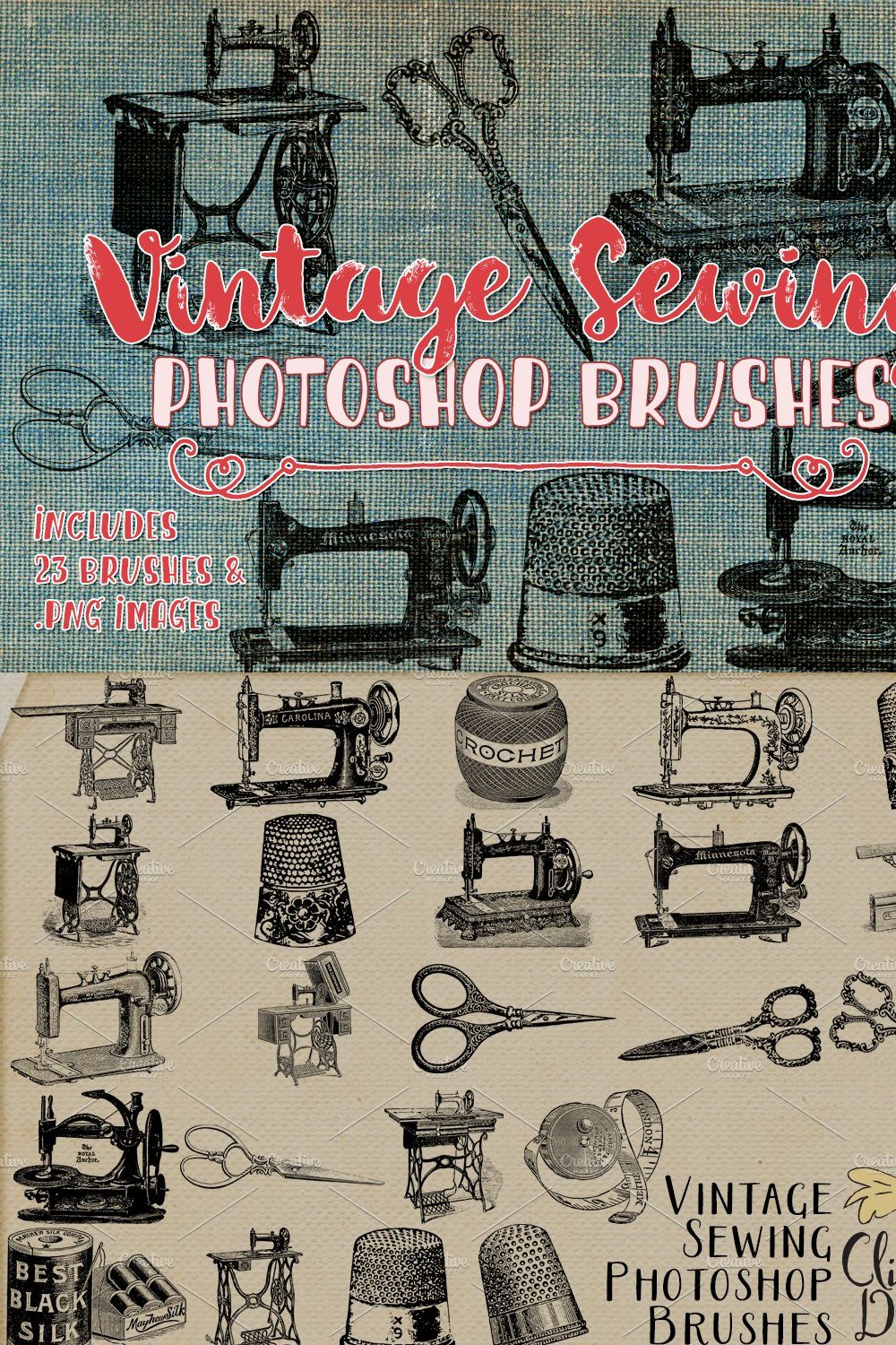 Vintage Sewing Photoshop Brushes pinterest preview image.
