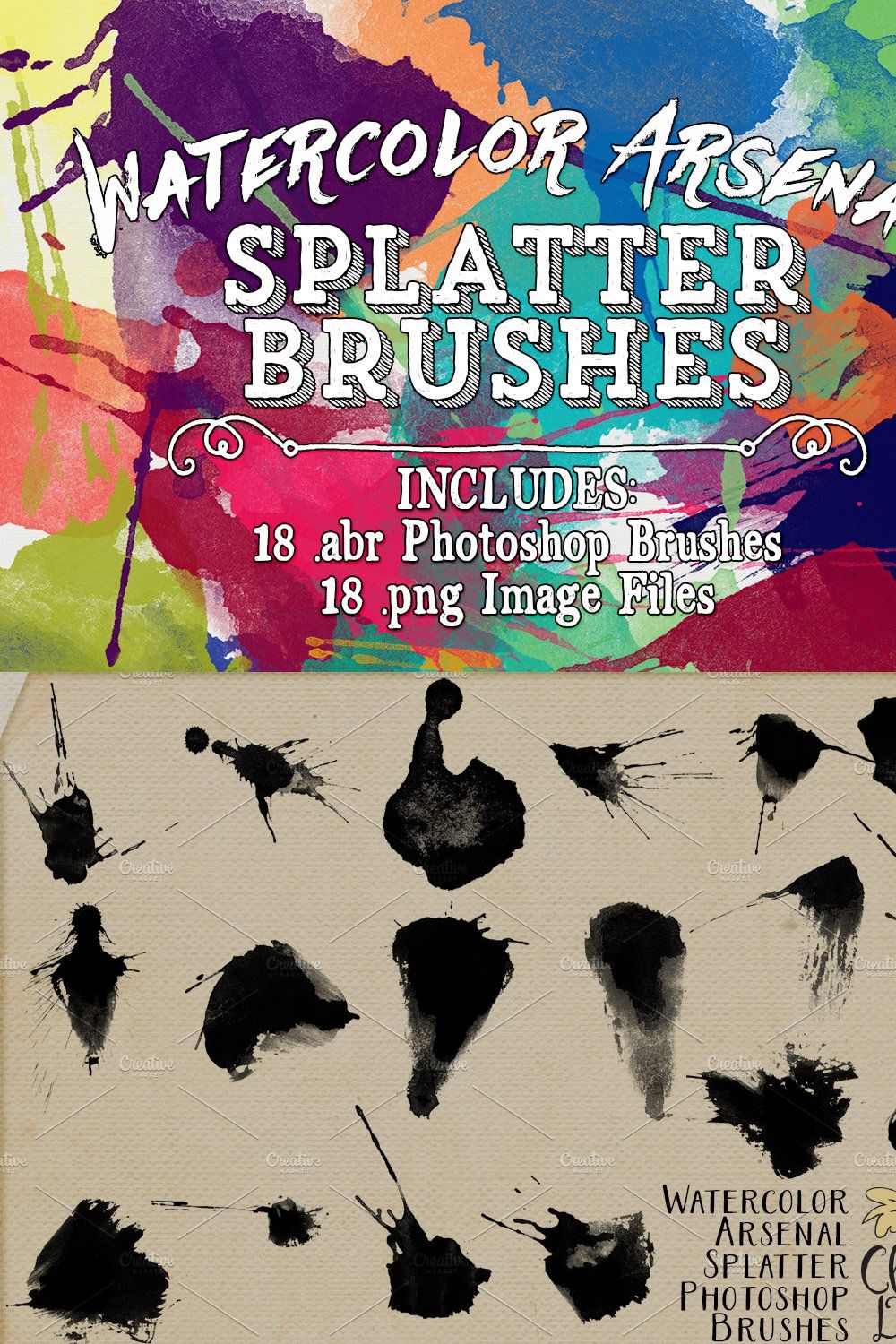 Watercolor Arsenal Splatter Brushes pinterest preview image.