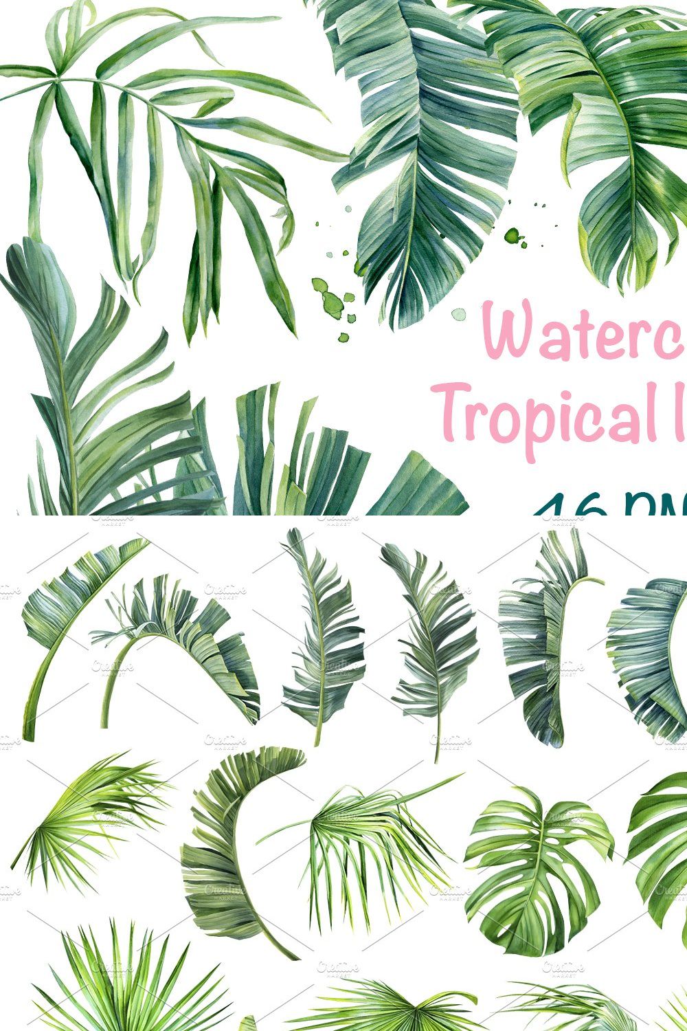 Watercolor Bundle tropical leaves pinterest preview image.
