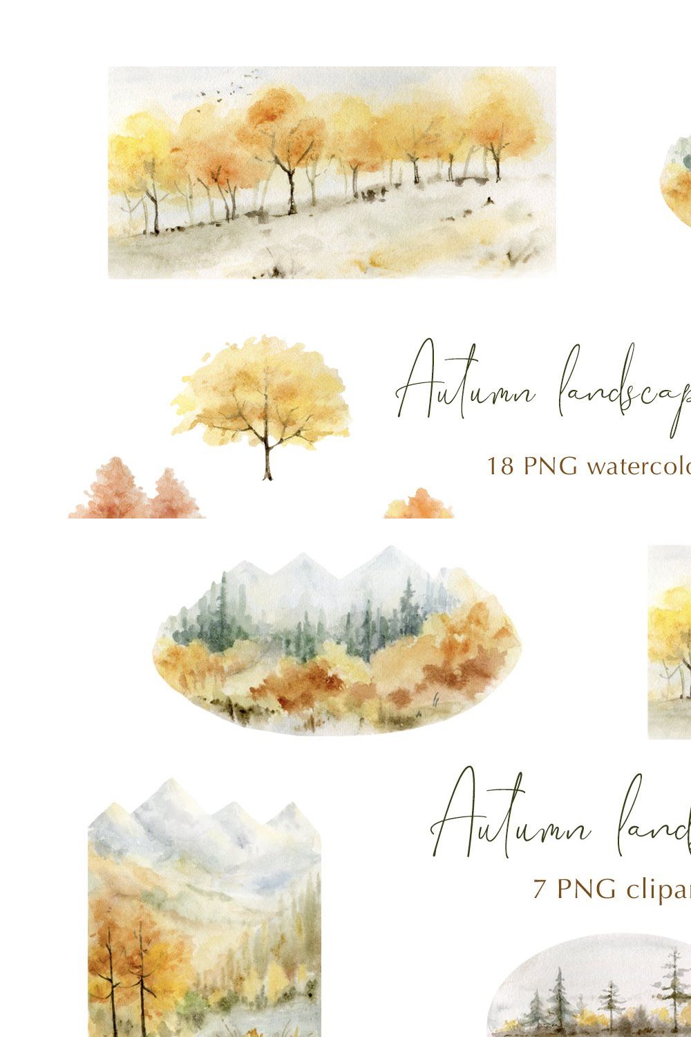 Watercolor fall landscapes & trees. pinterest preview image.