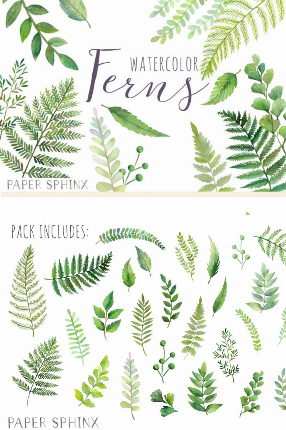 Watercolor Fern Leaf Pack pinterest preview image.