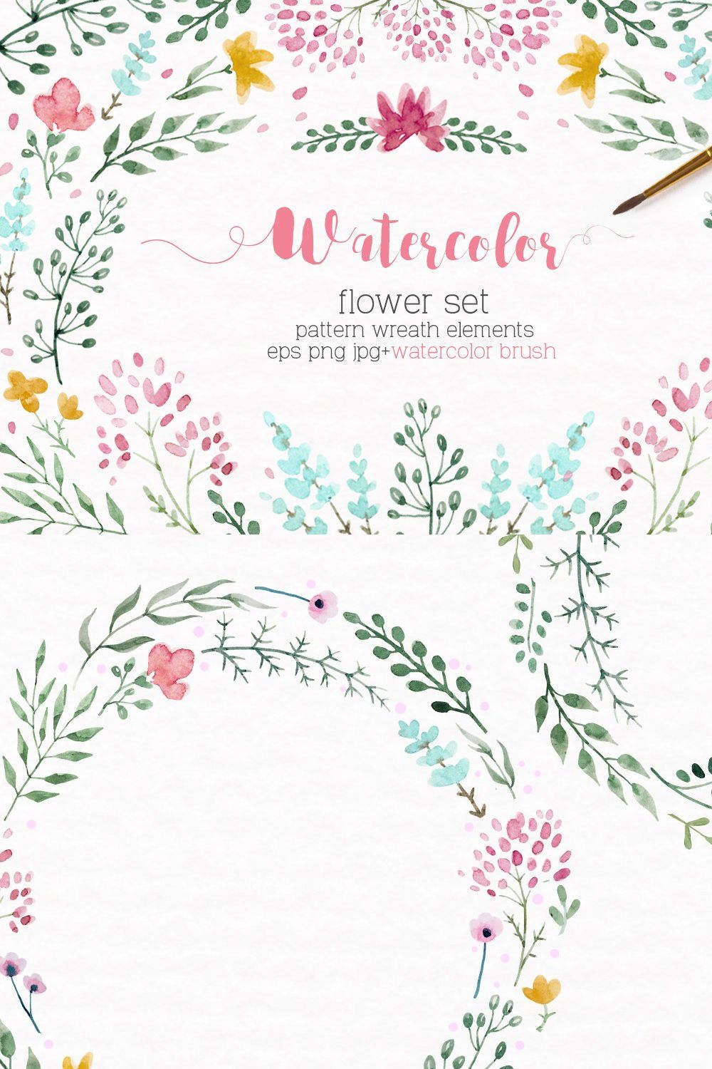 Watercolor floral set +Brushes pinterest preview image.