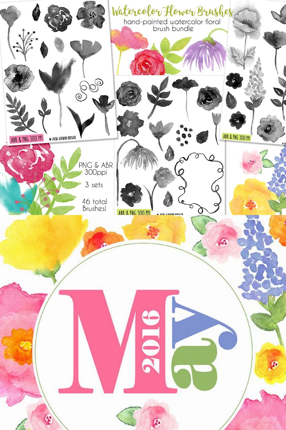 Watercolor Flower Brush Bundle pinterest preview image.