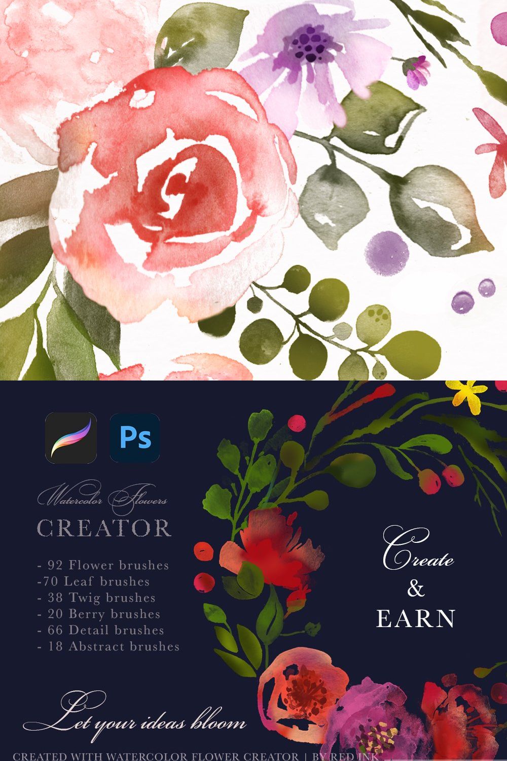 Watercolor Flowers Creator Procreate pinterest preview image.