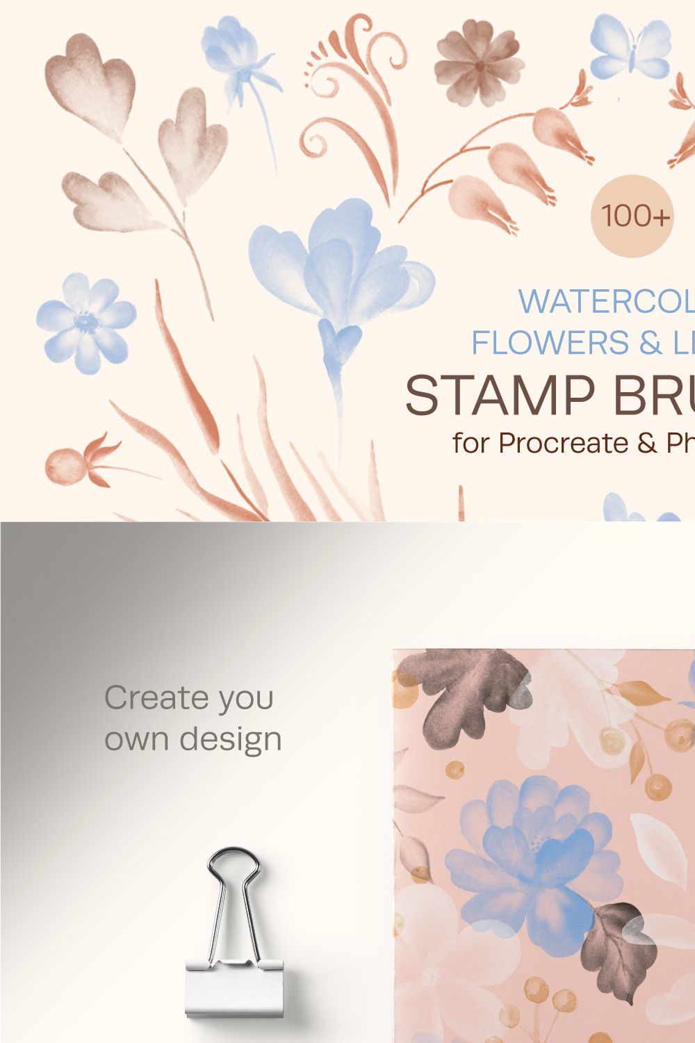 Watercolor Flowers & Leaves Brushes pinterest preview image.