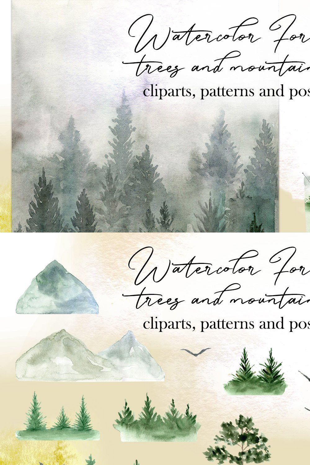 Watercolor Forest Mountains, Trees pinterest preview image.