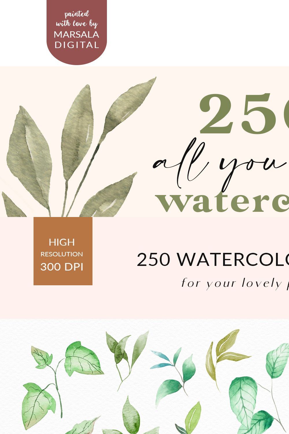 Watercolor Leaves Greenery 250 PNGs pinterest preview image.