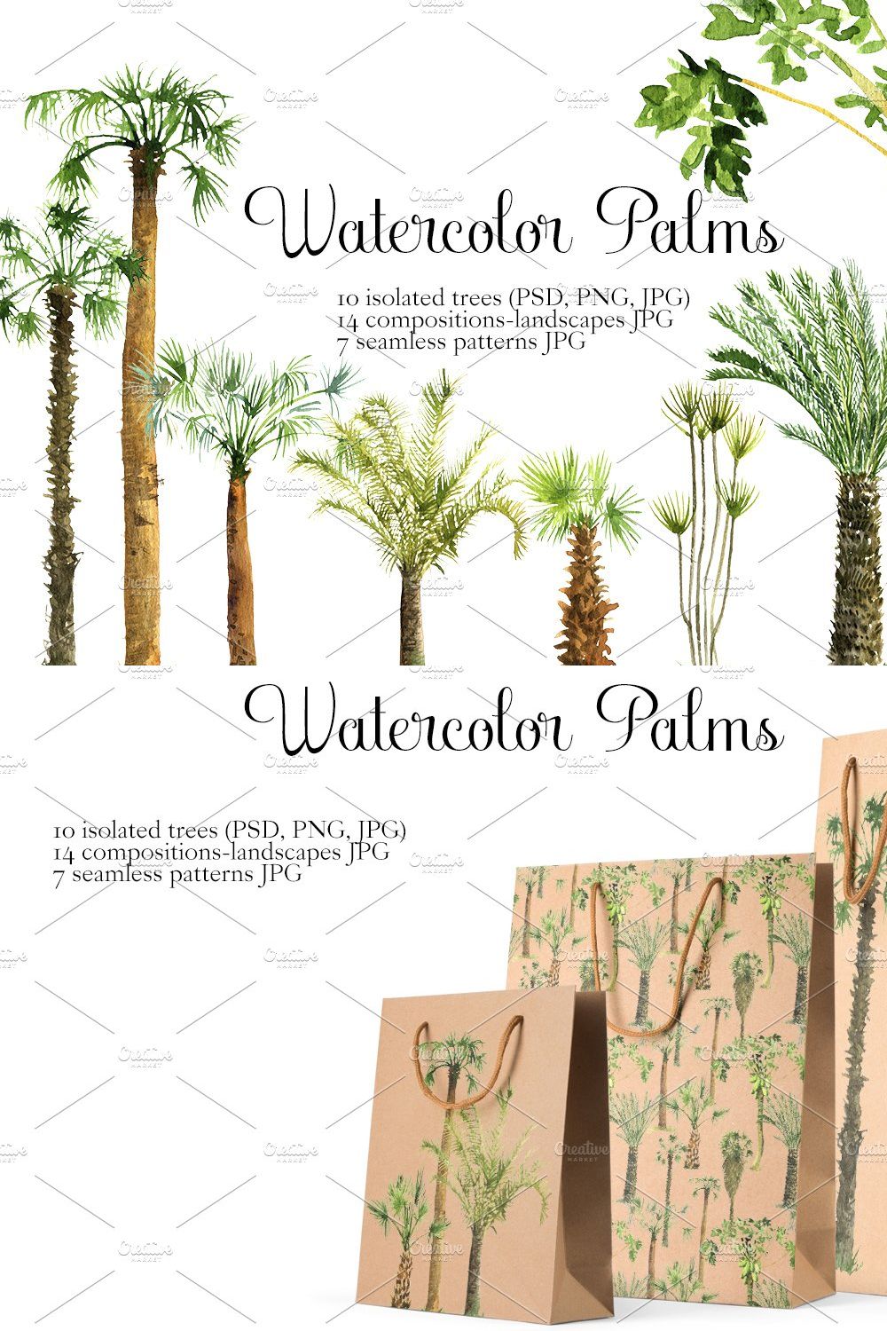 Watercolor Palms pinterest preview image.