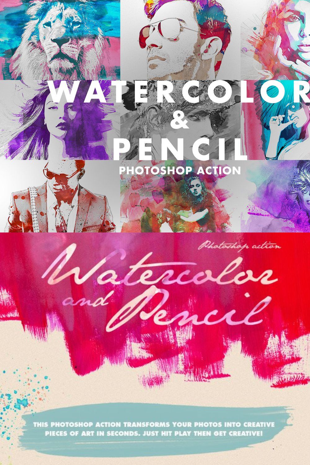 Watercolor & Pencil Photoshop Action pinterest preview image.