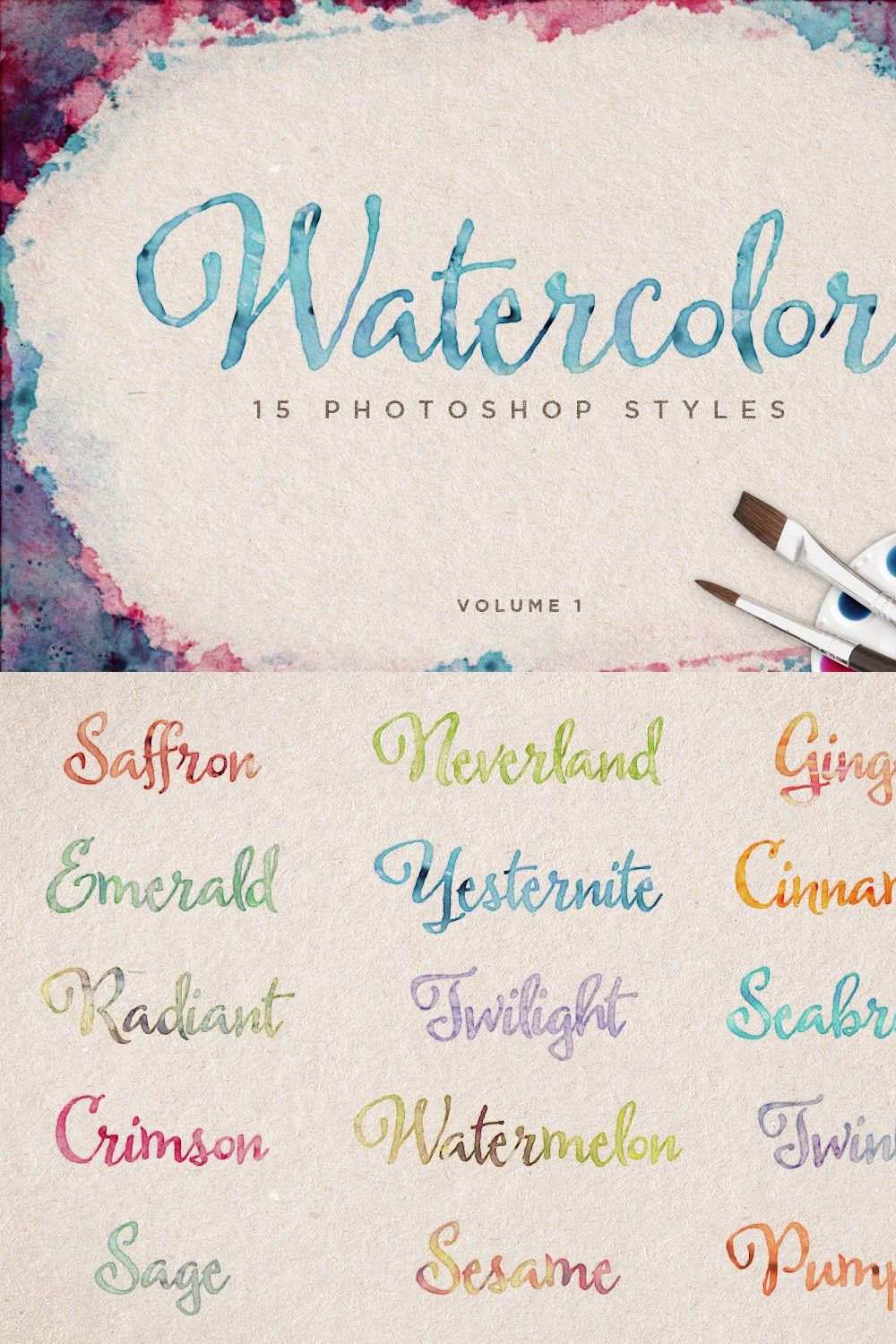 Watercolor Photoshop Styles Volume 1 pinterest preview image.