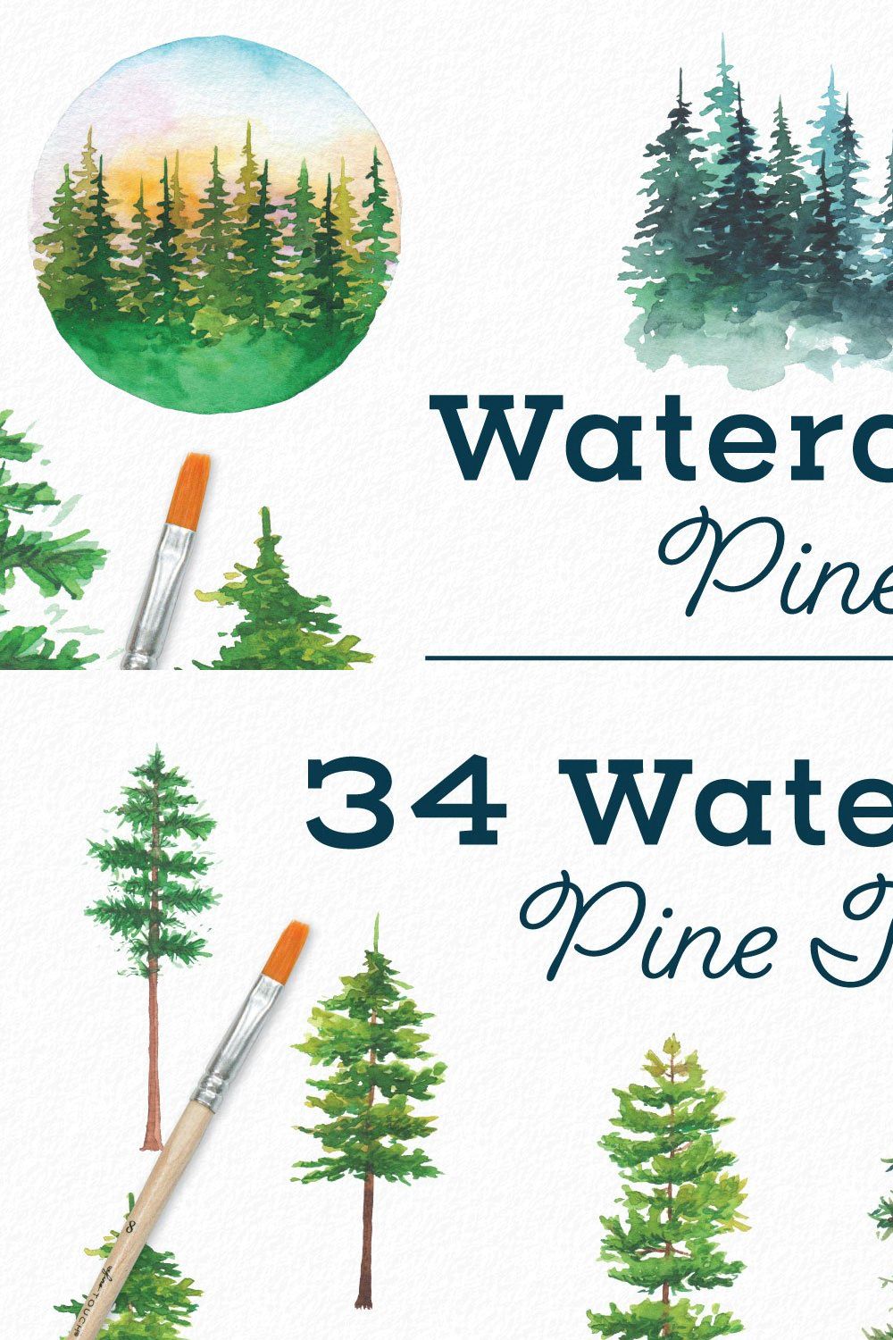 Watercolor Pine Tree Elements pinterest preview image.