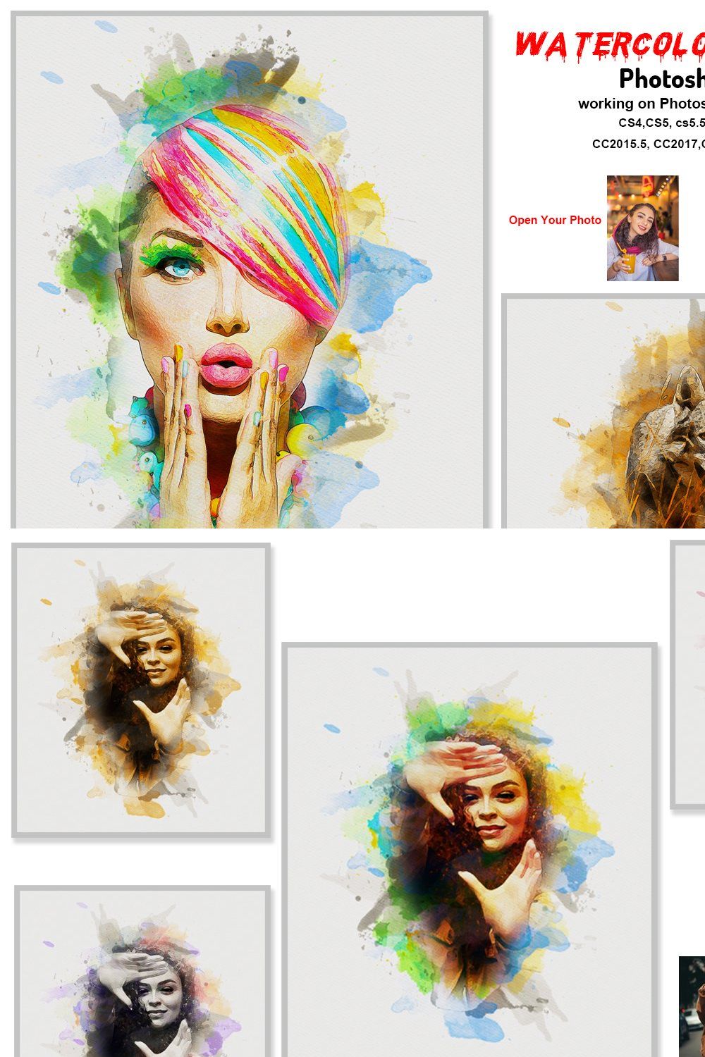 Watercolor Portrait Photoshop Action pinterest preview image.