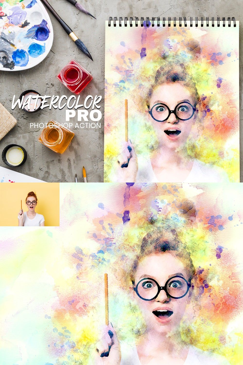 Watercolor Pro Photoshop Action pinterest preview image.