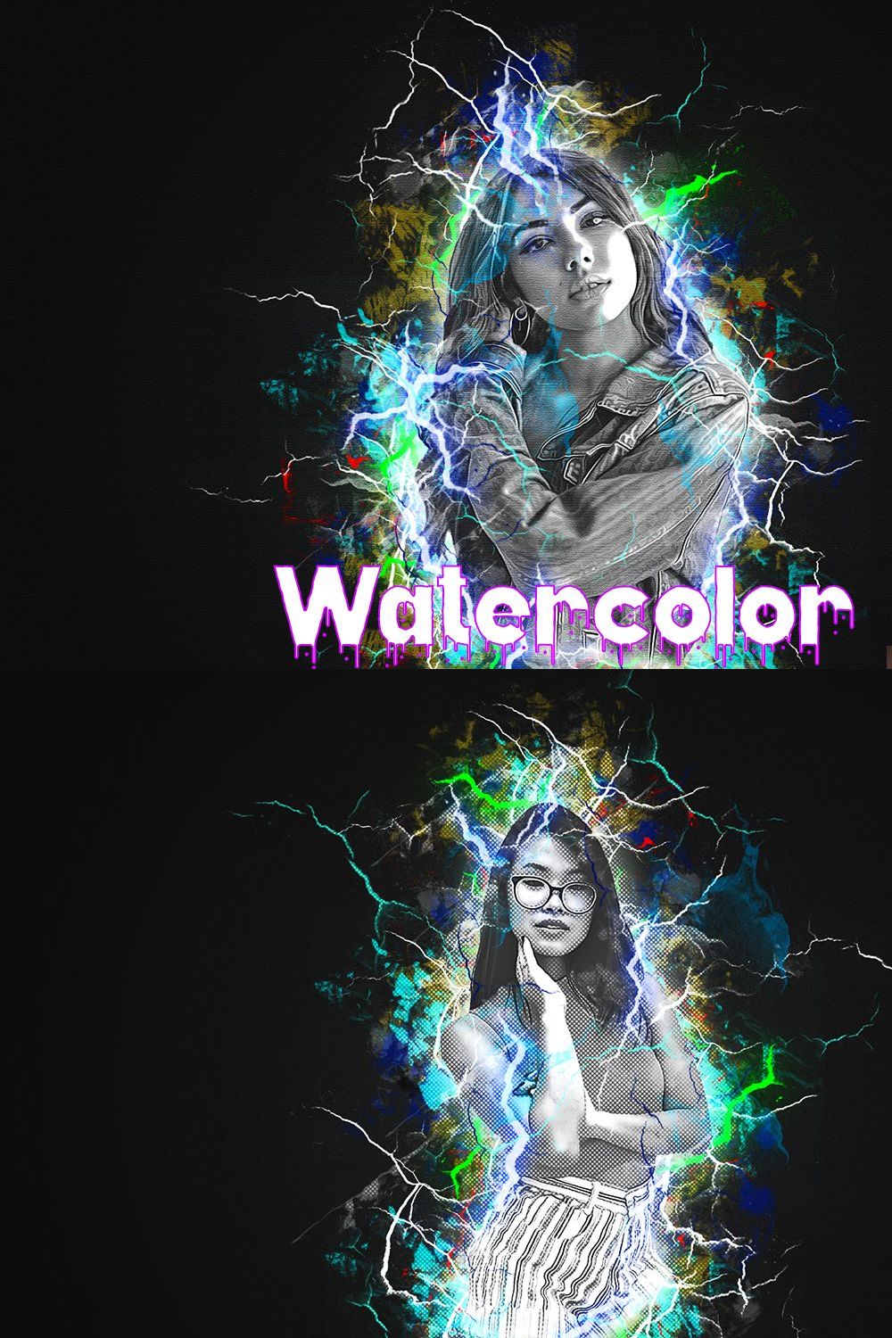 Watercolor Thunder Effect PS Action pinterest preview image.