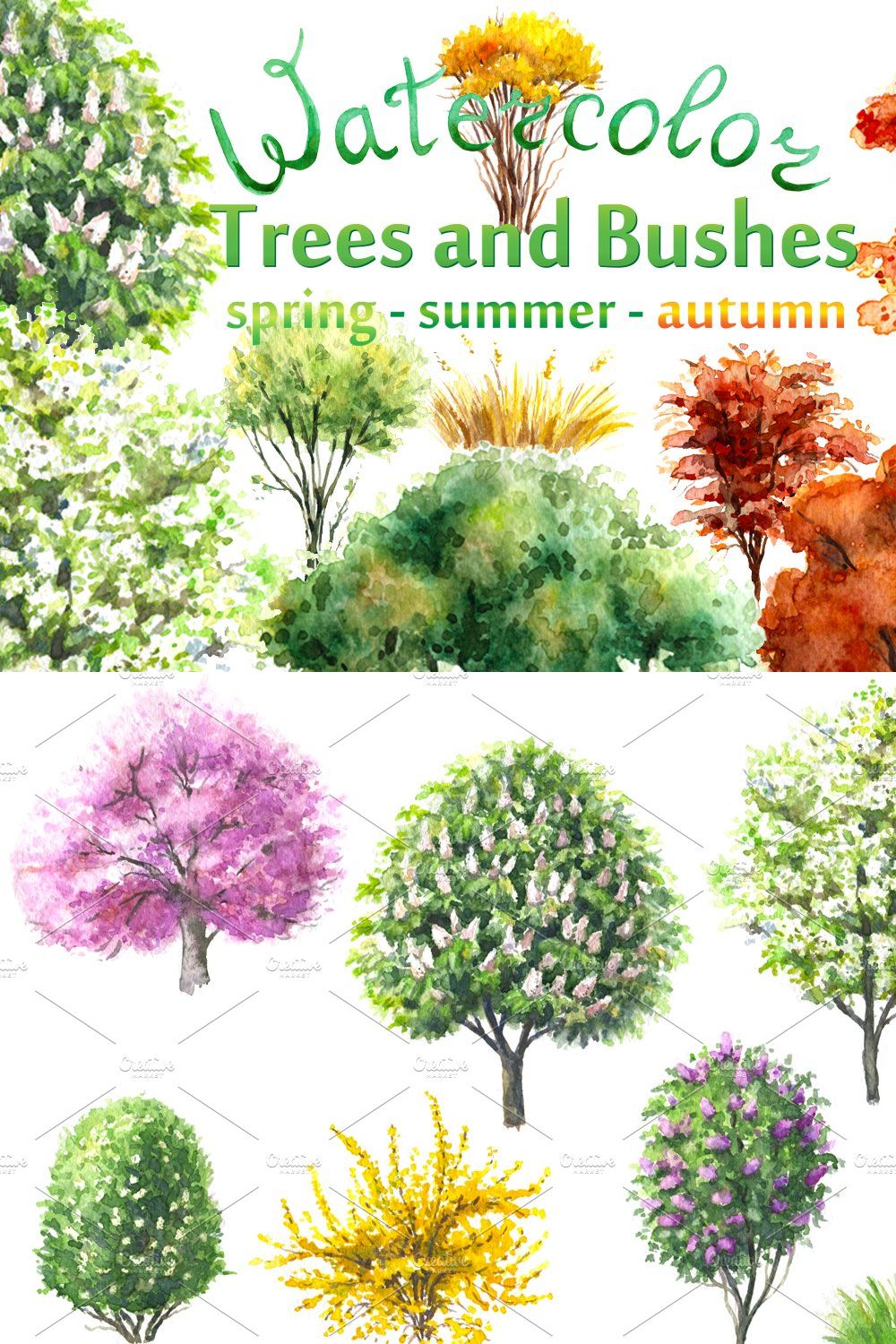 Watercolor  Trees and Bushes pinterest preview image.