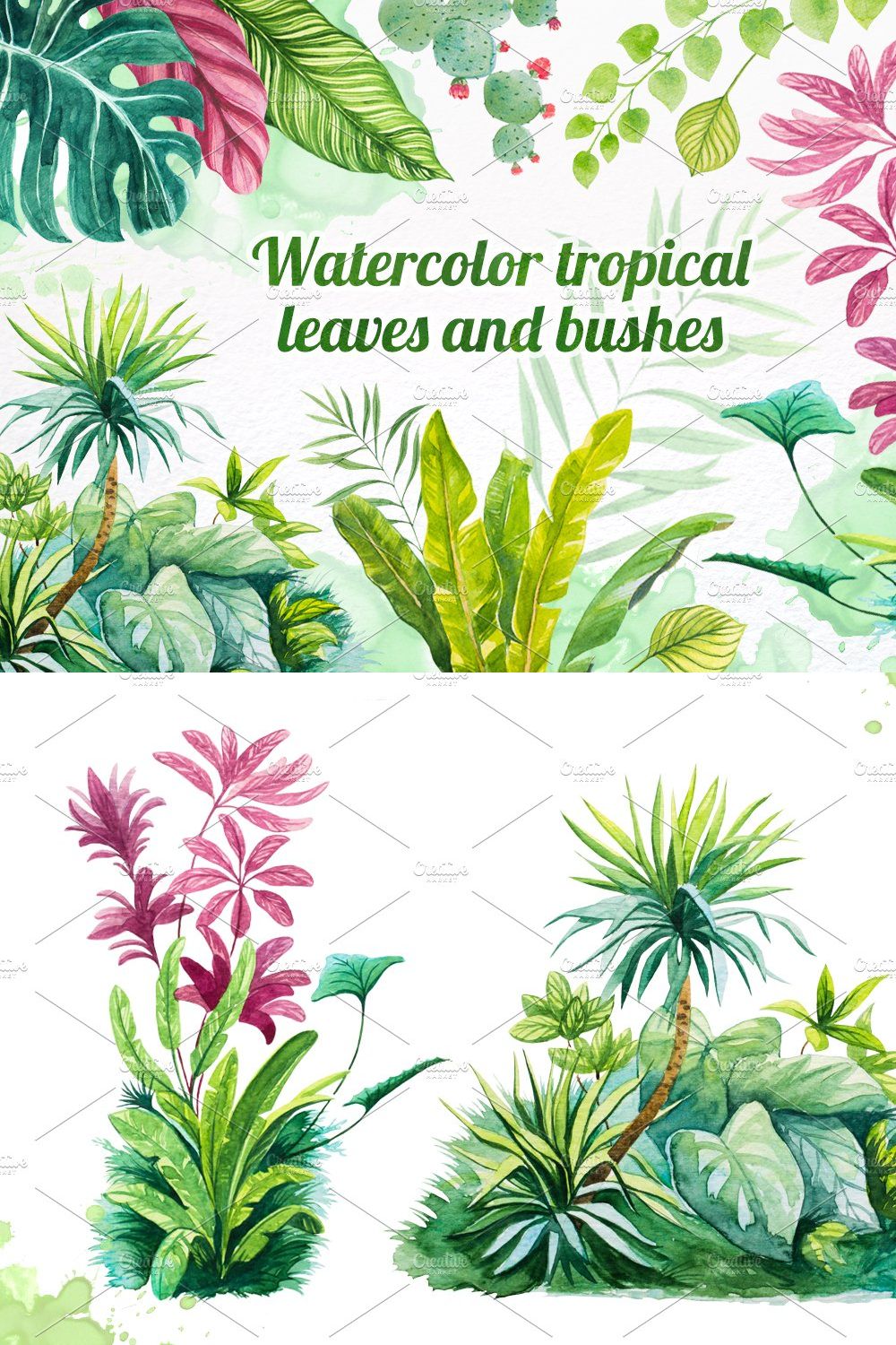 Watercolor tropical leaves set#2. pinterest preview image.