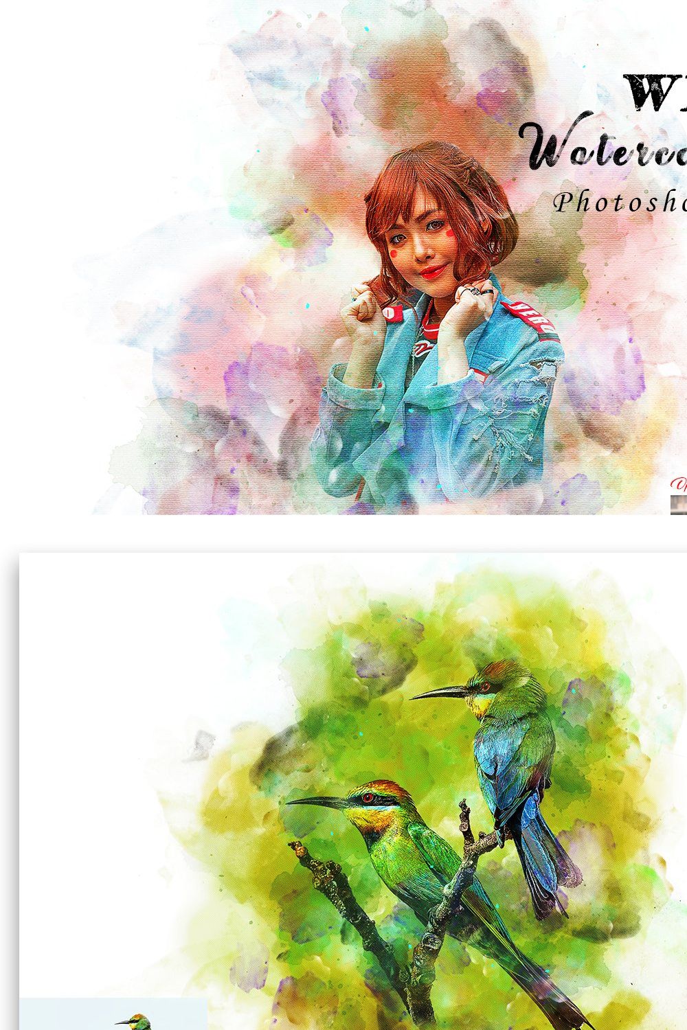 Wet watercolor Art Photoshop Action pinterest preview image.