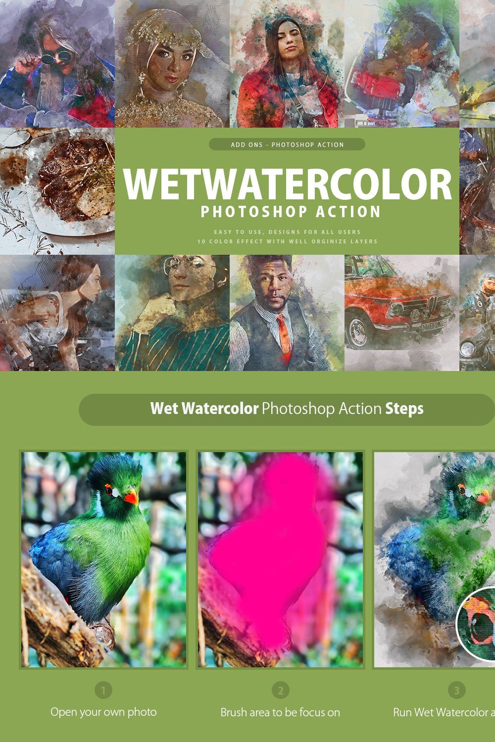 Wet Watercolor Photoshop Action pinterest preview image.