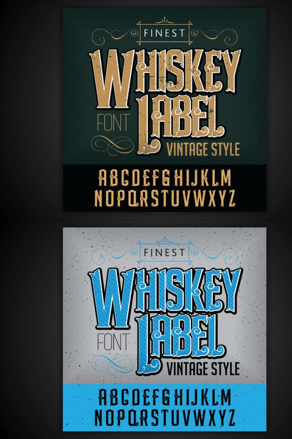 Whiskey label font and sample label pinterest preview image.