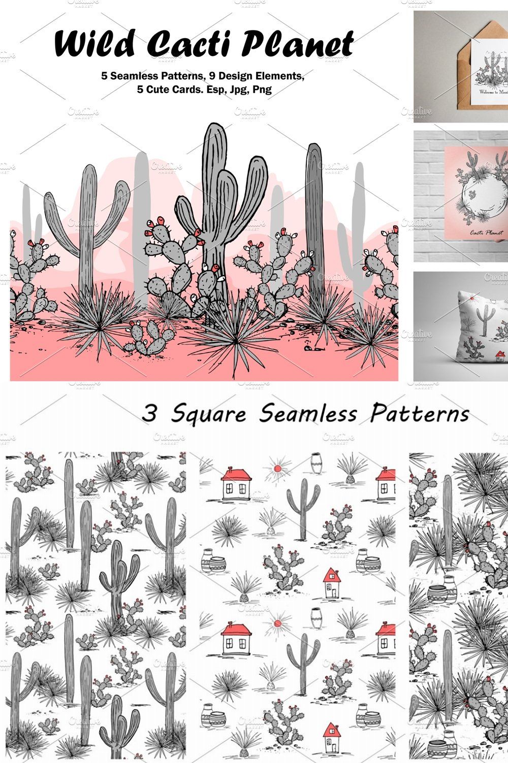 Wild Cacti Planet. Vector collection pinterest preview image.
